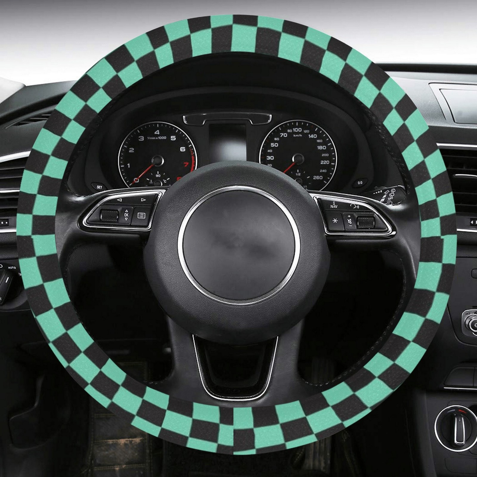 Demon Anime Checkered Green Black Car Steering Wheel Cover with Anti-Slip Insert