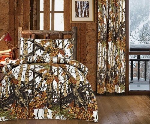 ORANGE CAMO 1pc King COMFORTER BROWN CAMOUFLAGE WOODS CABIN TREE HUNTING