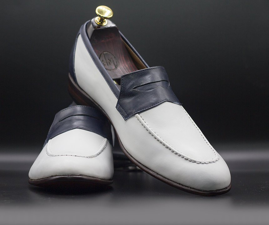Handmade Men's White Black Leather Round Toe Loafers, Mens Fashion Party Loafers