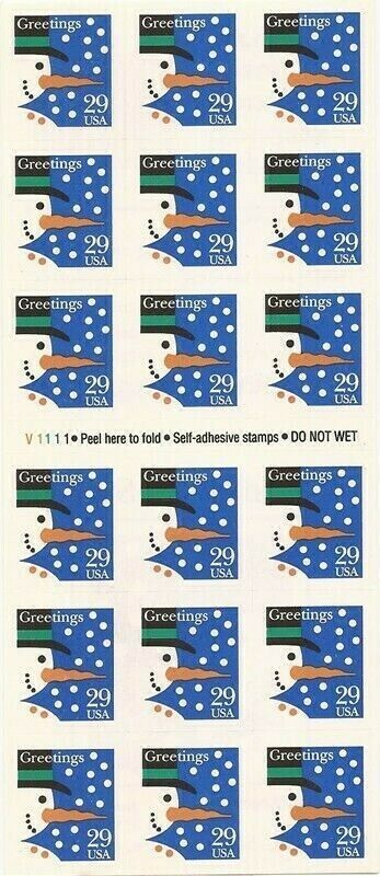 Primary image for Snowman Full Pane of Eighteen 29 Cent Postage Stamps Scott 2803a
