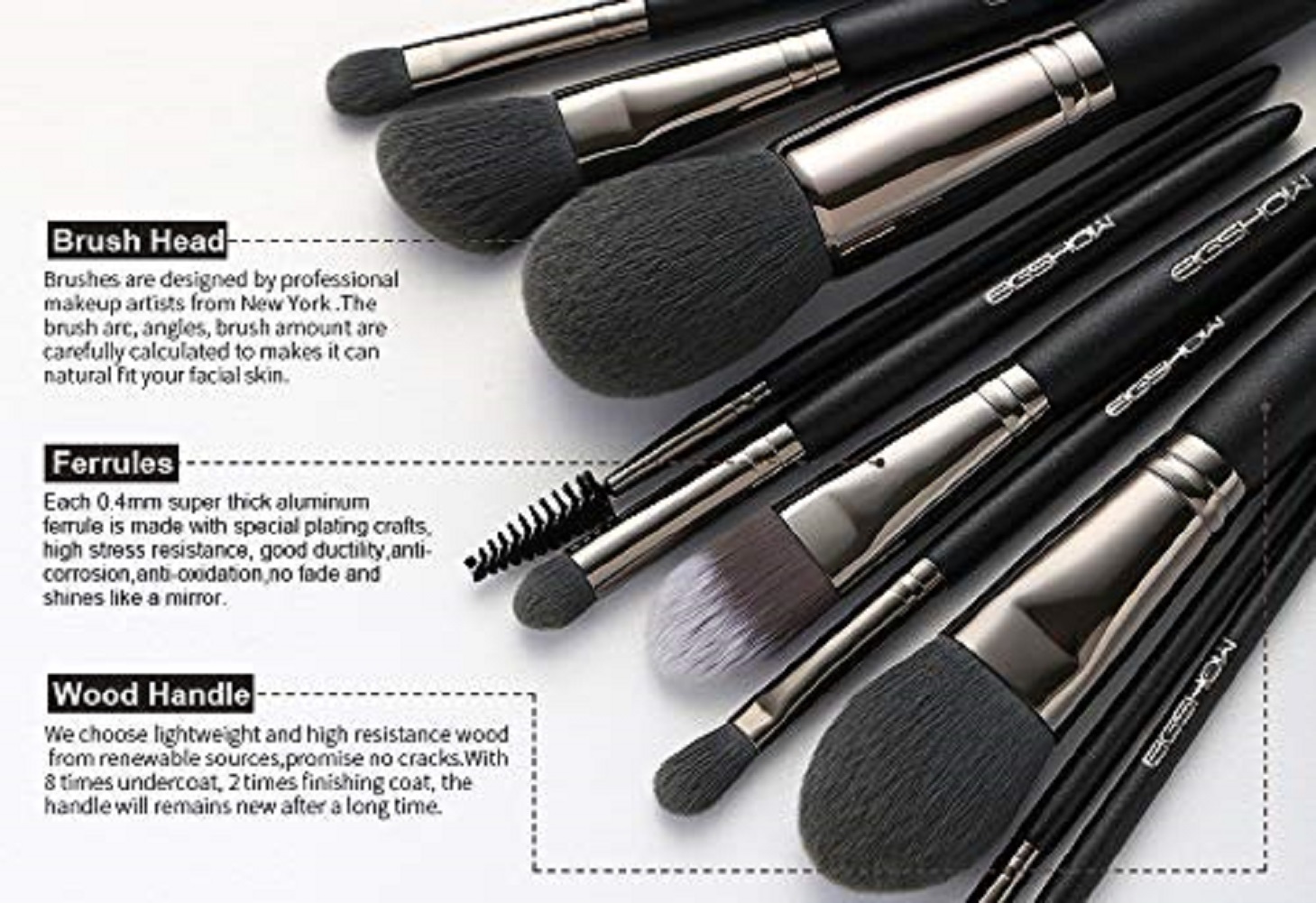 Eigshow Makeup Brushes, Black Luxury Series (Vegan 10pcs Nickel-plated)