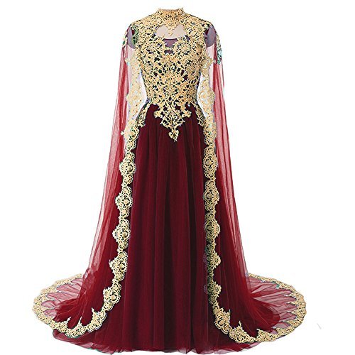 Gold Lace Vintage Long Evening Prom Dresses Wedding Gown with Cape Burgundy 2021