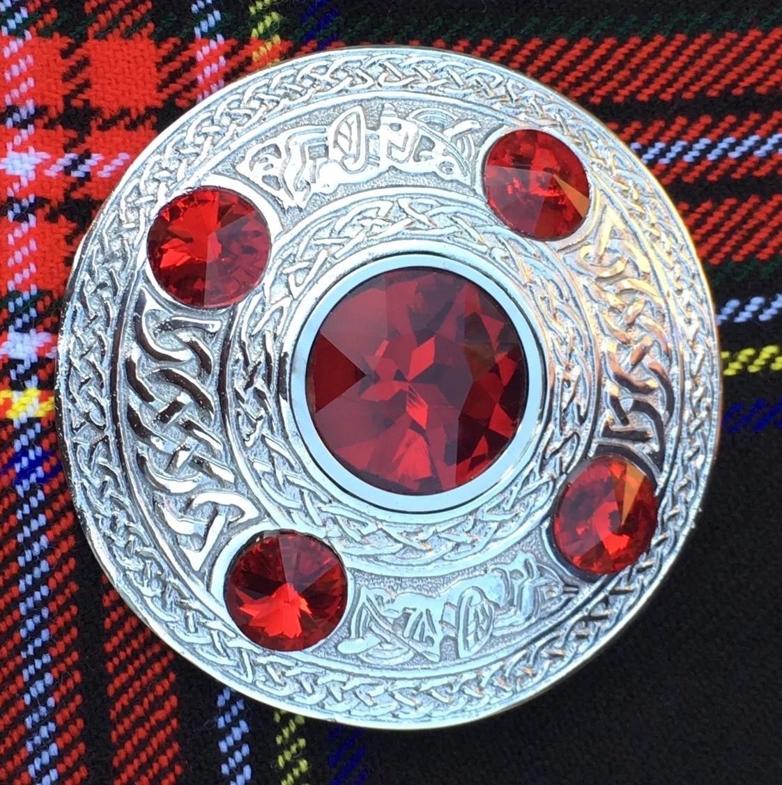 New Highland Kilt Fly Plaid Brooch Red Stone 4"/Scottish Kilt Fly Plaid