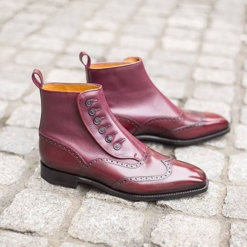 Maroon Color Wing Tip Handcrafted Genuine Leather High Ankle Men Button Boots