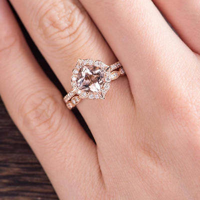 Cushion Cut Morganite Engagement Ring Set 14K Rose Gold Over Antique Diamond Set