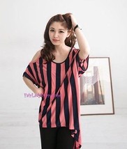 Japan Striped Open Shoulder OVersized Knit Tunic T Shirt! Coral - $13.81