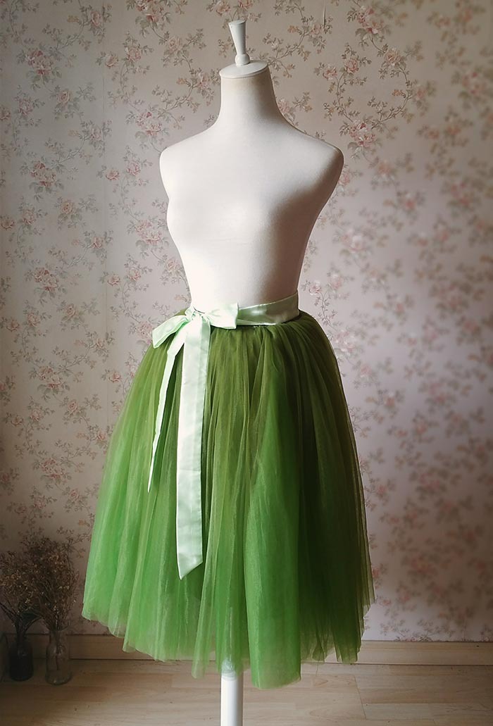6 Layer Puffy Tulle Skirt Womens Tulle Ballerina Skirt Midi Length Green Skirts 