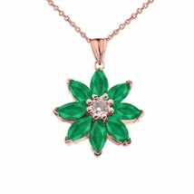 Solid 14k Rose Gold Genuine Emerald and Diamond Daisy Pendant Necklace - $178.08+