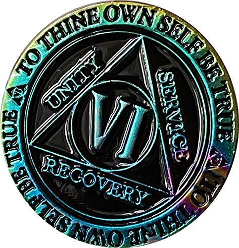 6 Year AA Medallion Reflex Rainbow Plated Black Sobriety Chip VI