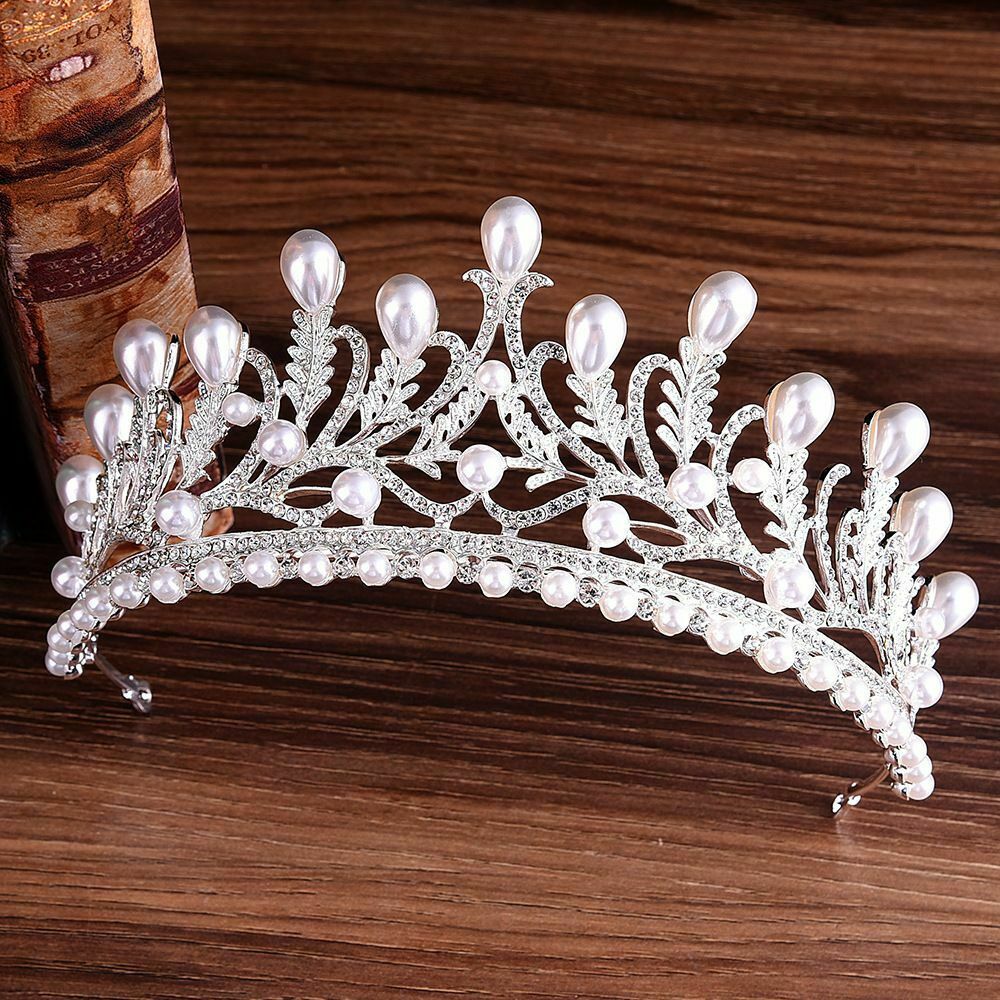 Luxury Baroque Tiara Bridal Pearl Rhinestone Crown Flower Silver Wedding Leaves