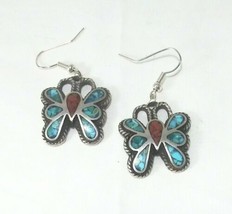 Vintage Crushed Turquoise Coral Butterfly Sterling Silver 925 Earrings - $77.22