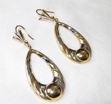 Vintage c1970 Solid Sterling Silver Dangle Hoop Earrings Elongated Two-tone - $21.37
