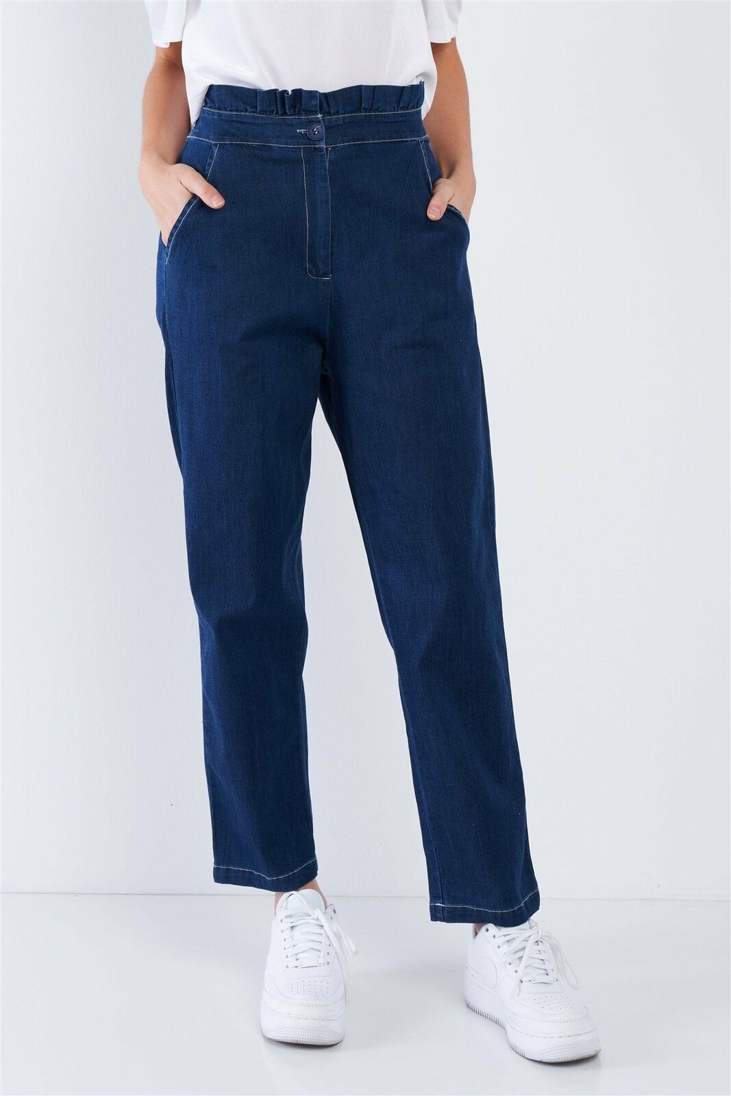 Download Jean Blue High Waist Frill Mock Wrap Denim Pants - Jeans