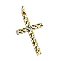 18K YELLOW WHITE GOLD CROSS PENDANT 30mm, 1.18 inches, ROUNDED ALTERNATE STRIPED image 2