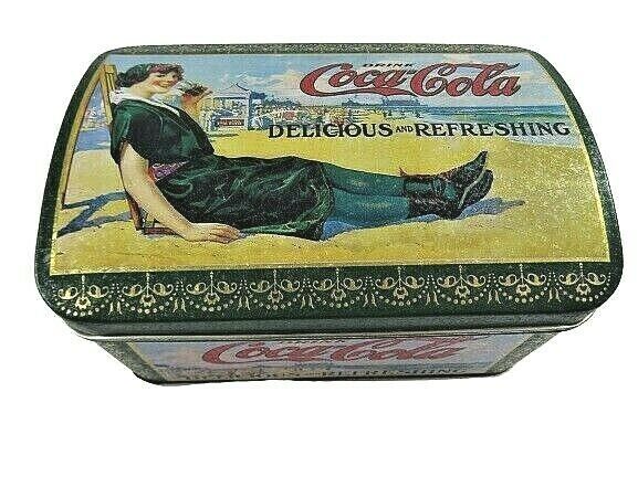 Primary image for Empty Coca-Cola Tin Box Company Container Hinged Lid Vintage Lady On Beach
