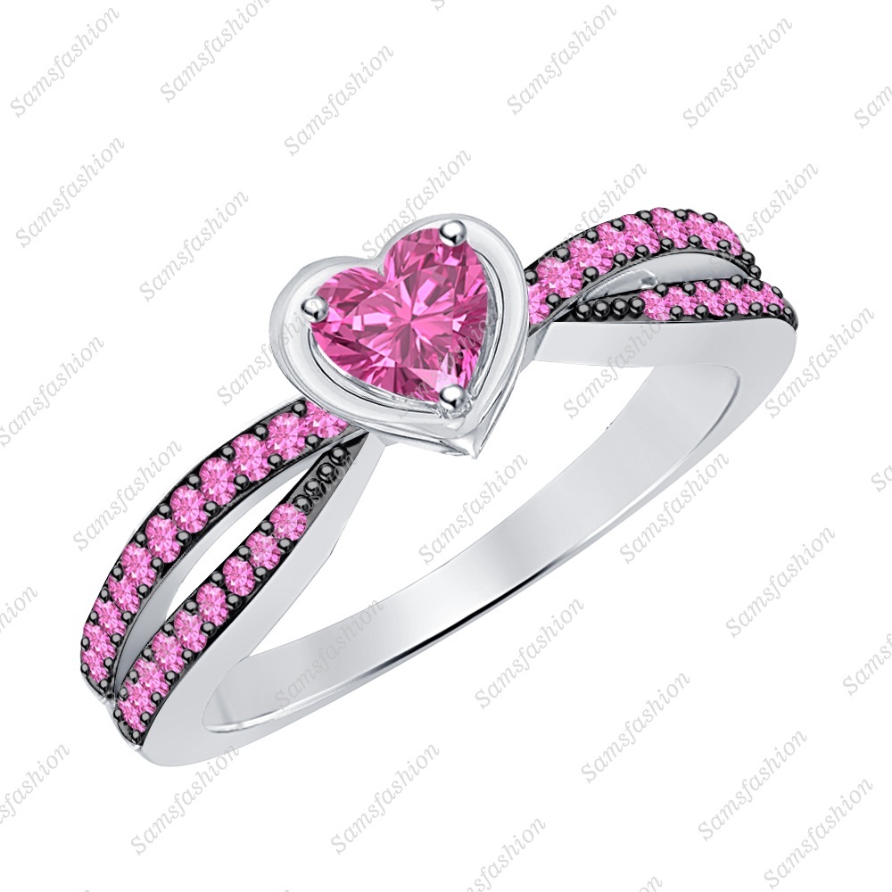 Heart Cut Pink Sapphire 14k Two Tone Gold Over Elegant Twisting Split Shank Ring