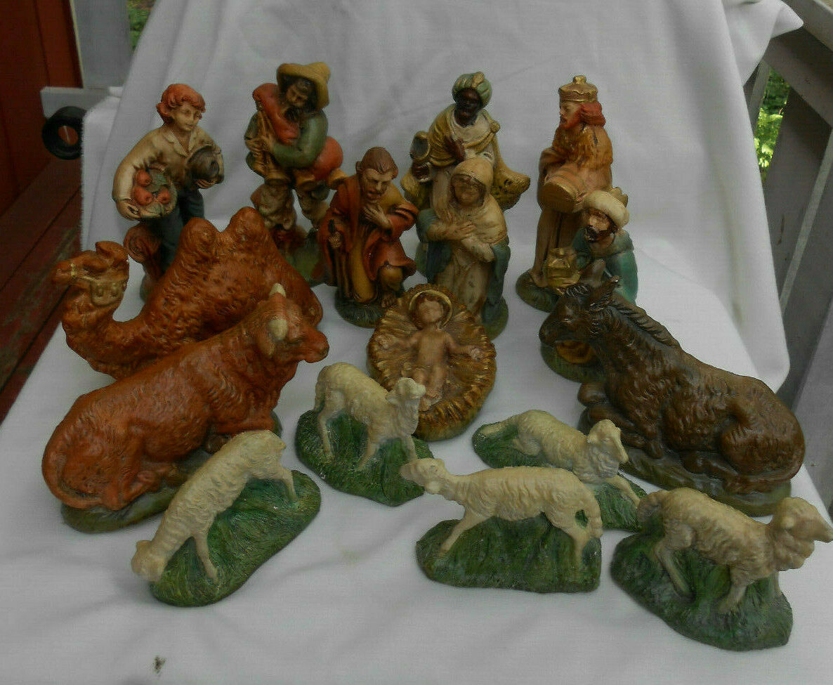 16 PC VINTAGE NATIVITY SET CHALK WARE HOLY FAMILY CAMEL DONKEY COW ...