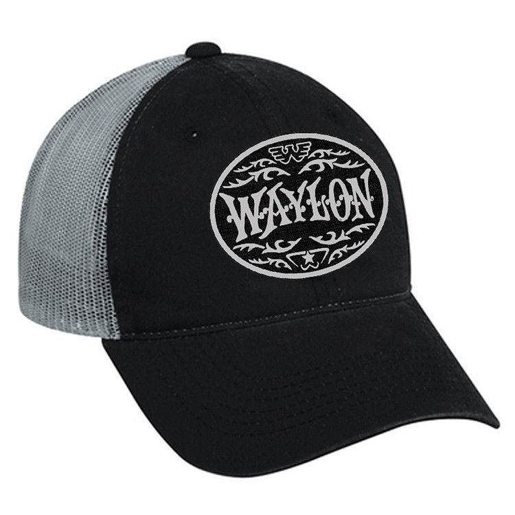 Waylon Jennings Circle Logo Trucker Hat Cap Black Grey Country Music