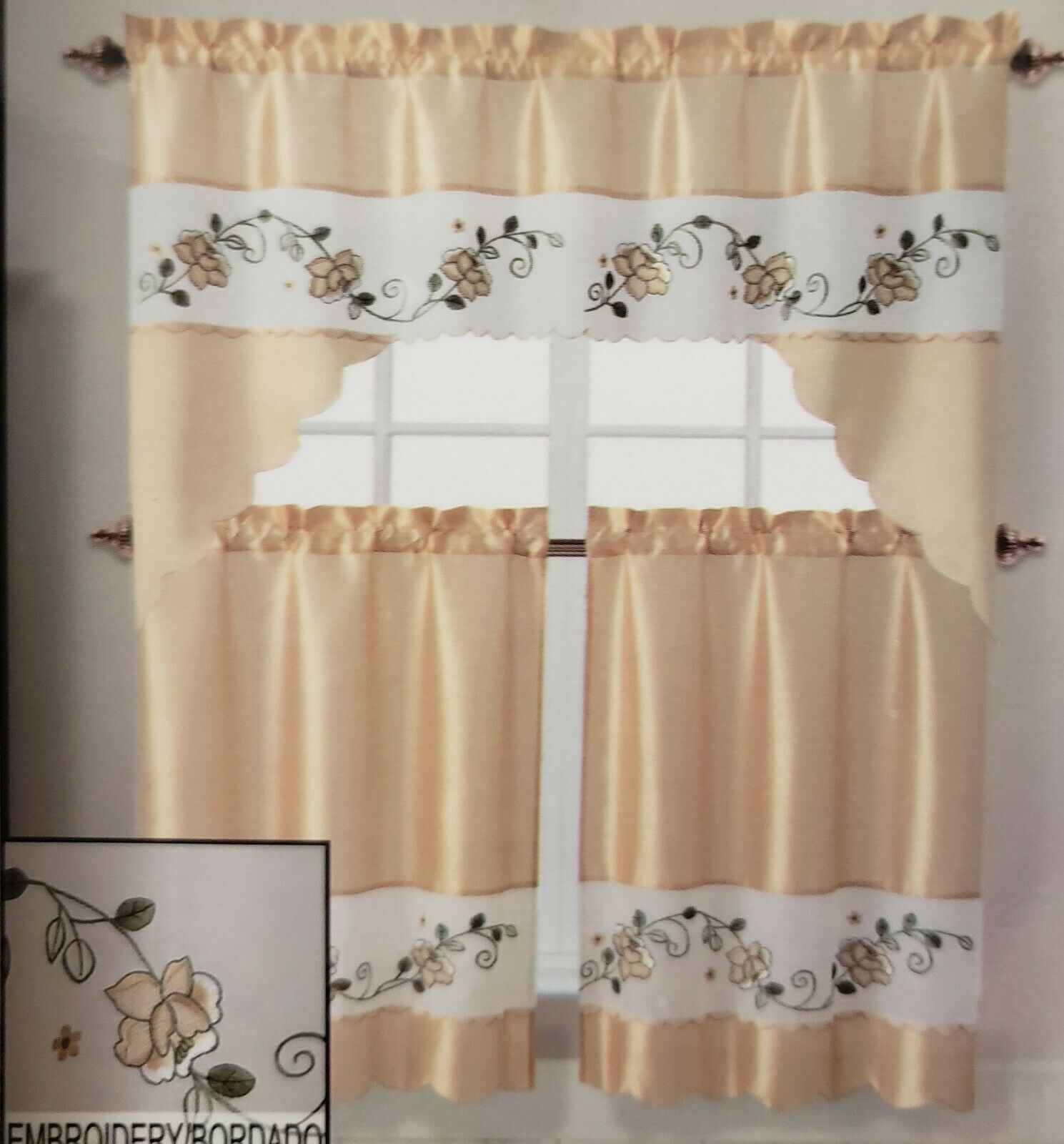 Primary image for 3pc. Embroidery Curtains Set:2 Tiers 28"x36" & Valance (57"x36") LIZZY FLOWER,VC