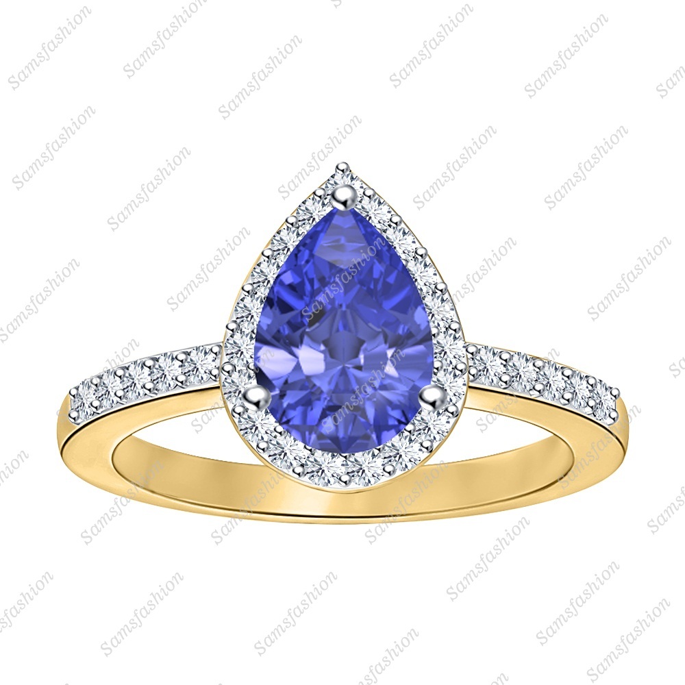 Wonderful Pear Tanzanite & Diamond 14k Yellow Gp 925 Silver Engagement Halo Ring