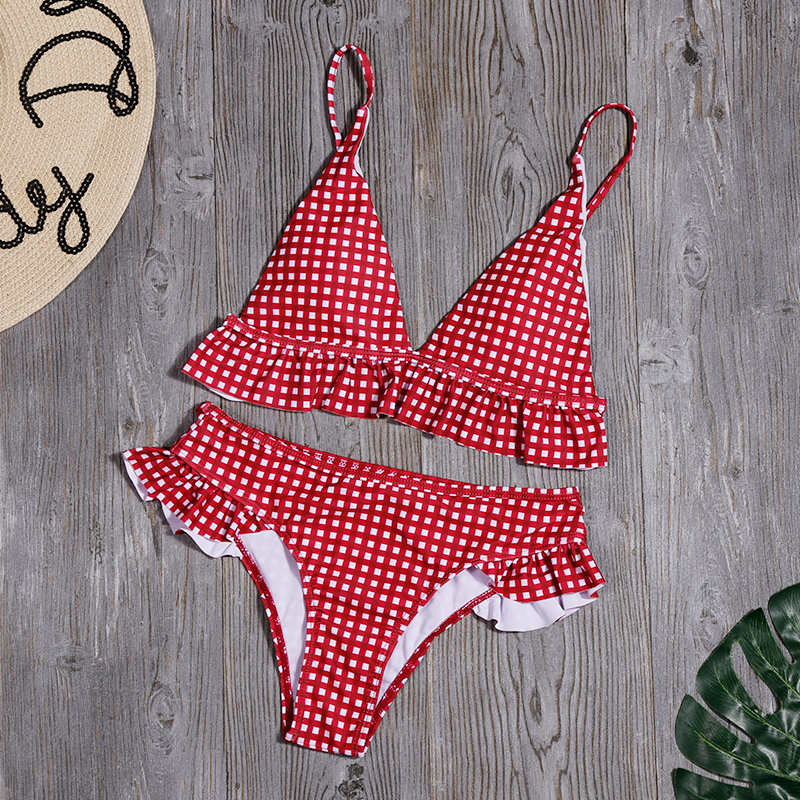 Plaid Print Bikini Set Solid Swimsuit Sexy Ruffle Swimwear Women ...