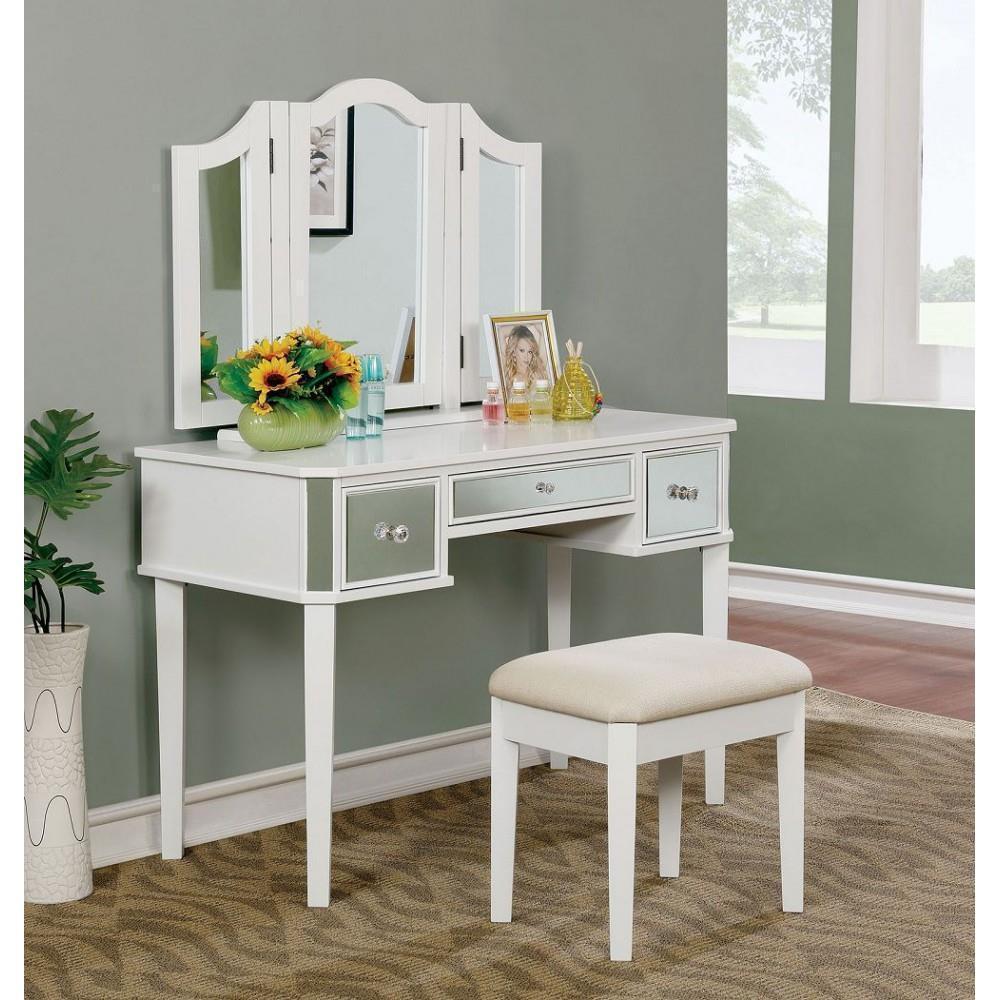 Hopton Girls Bedroom 3 Piece Set Vanity, Tri-Fold Mirror, Stool in ...