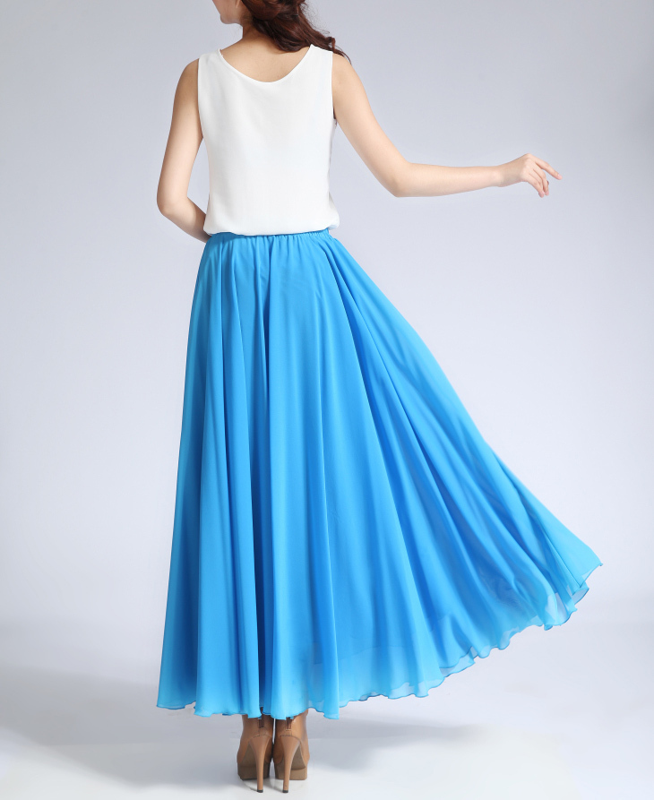 Women Long MAXI Chiffon Skirt AQUA-BLUE Chiffon Maxi Skirt Summer Beach ...