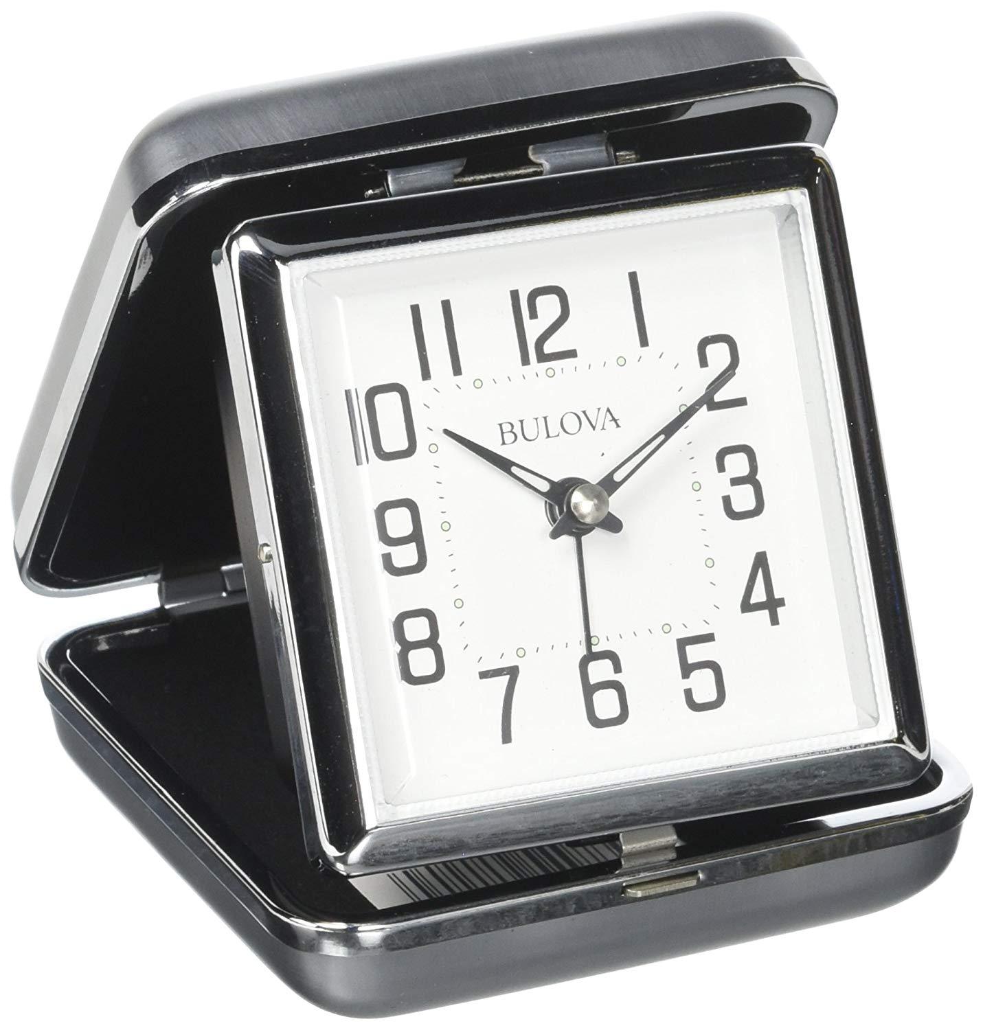 Bulova Traveler Quartz Ascending Metal Clam Shell Alarm Clock, White