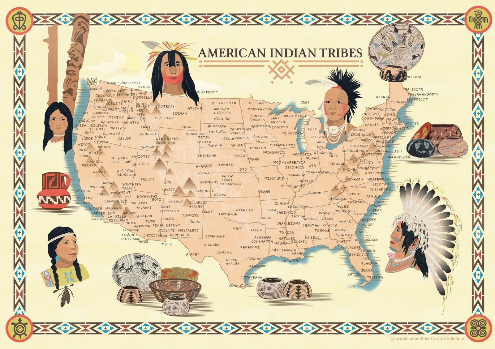 Indians of the USA Native American Tribes Mid-century Pictorial Map Wall Poster