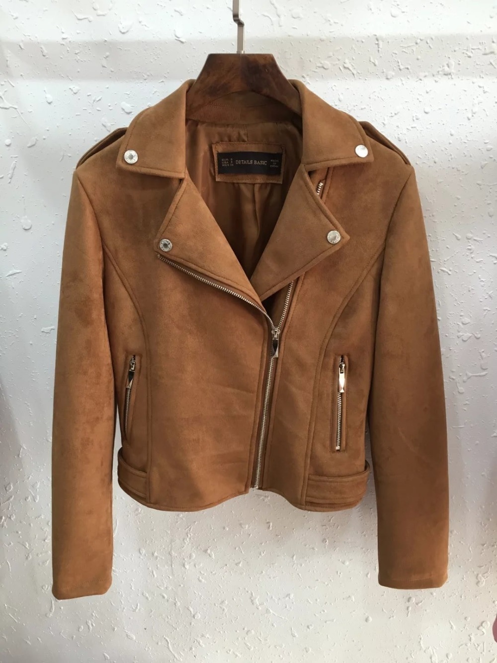 New camel faux suede motorcycle women jacket moto biker brown spring