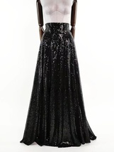 BLACK Sequin Maxi Skirt High Waisted Sequined Party Skirt Black Sparkly Skirt image 6