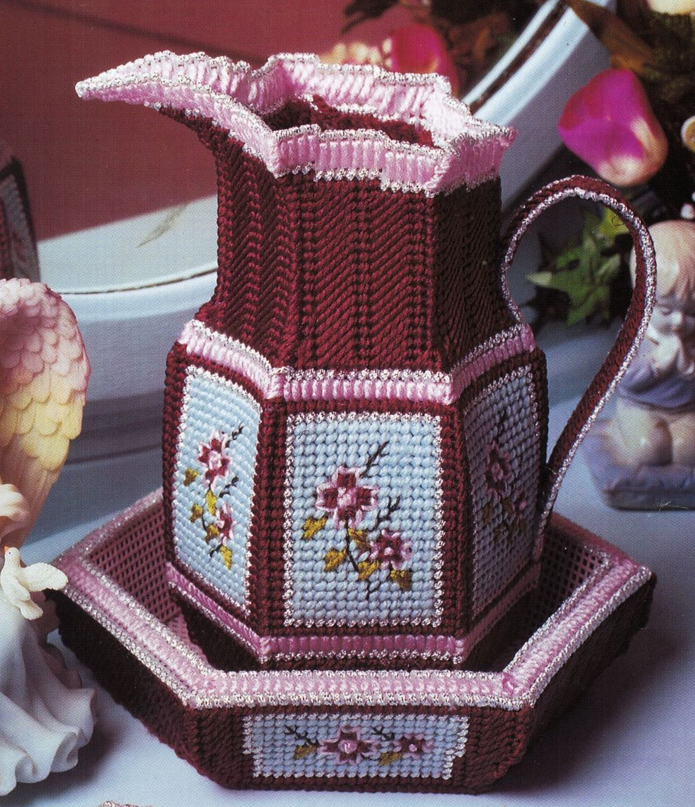 Plastic Canvas Victorian Vanity Set Pitcher Bowl Jewelry Ring Holder