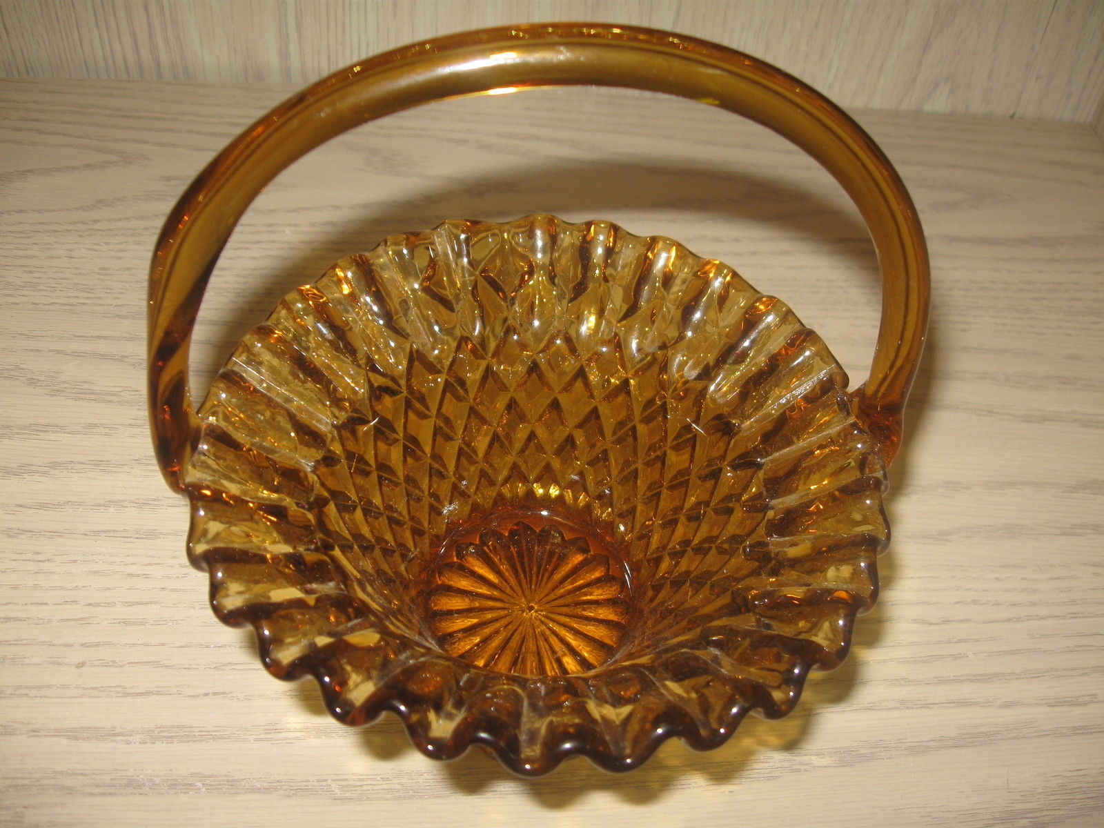 Indiana Fenton? Amber Glass Basket Candy Dish Handle Ruffle Rim Diamond