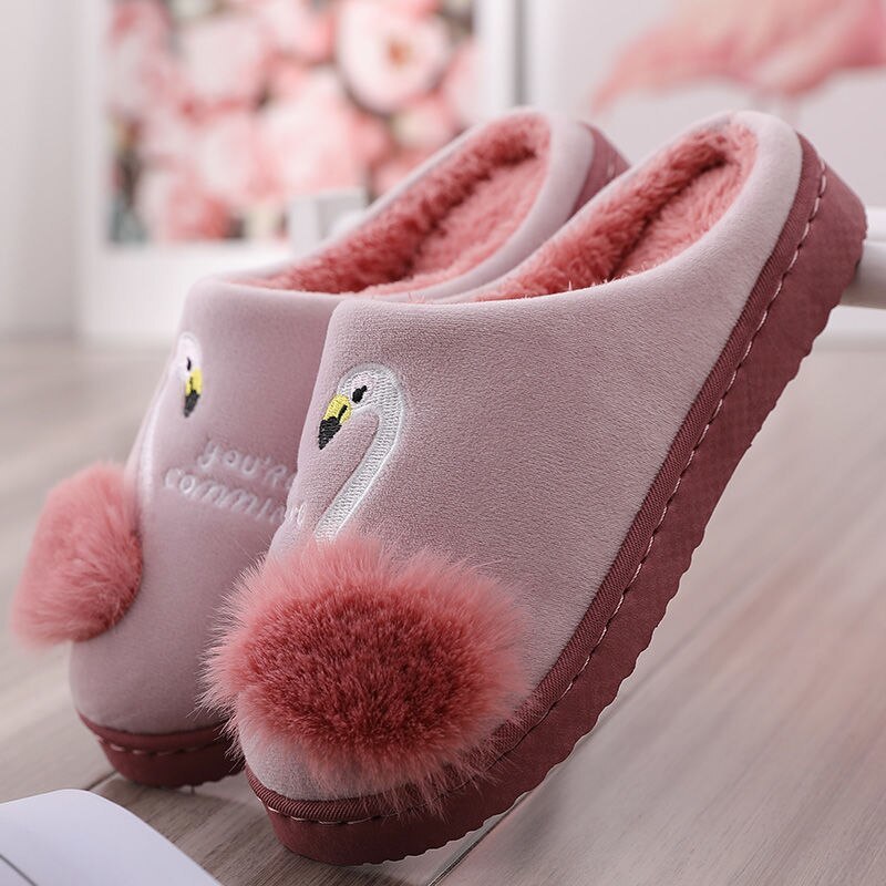 Winter Slippers Women Cute  Flamingo Slippers Non-slip Soft  Plush Warm Indoor B