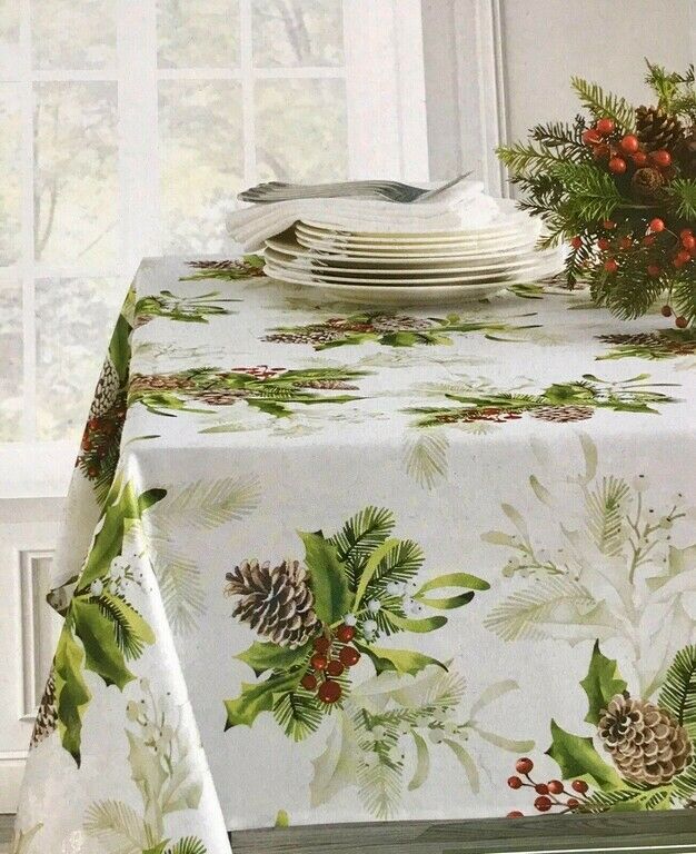 Evergreen and Berries Fabric Tablecloth Christmas Winter 60x84" Oval or