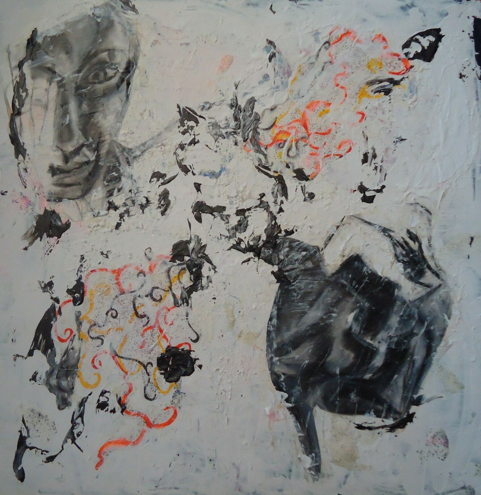 Original Mixed Media Abstract Painting with Charcoal Drawings Signed