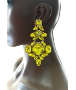 4.5&quot; Long Yellow AB Acrylic Rhinestones Clip On Statement Earrings Pageant - $31.41