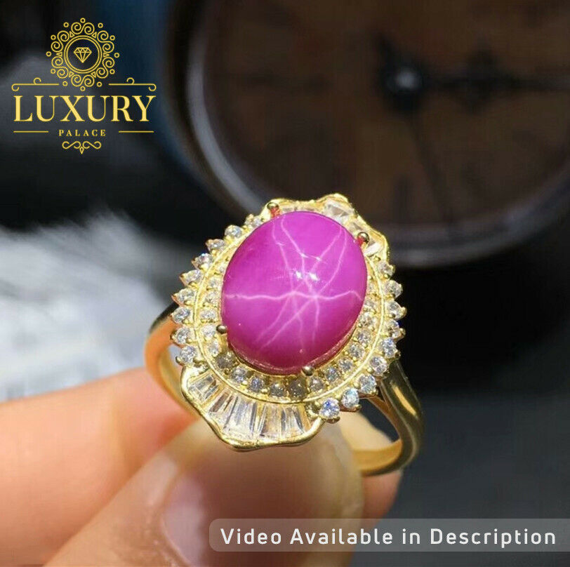 Natural Star Ruby 5ct Gemstone 18K Gold Plated 925 Sterling Silver Women Rings