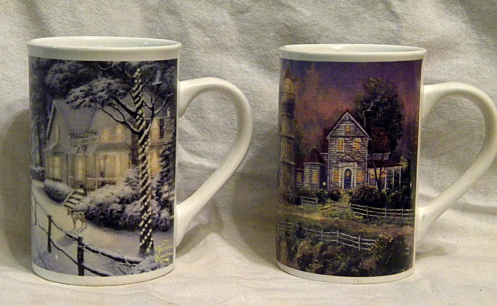 2 Thomas Kinkade Ceramic Mugs  Victorian Light   Hometown Christmas Memories   - $20.00