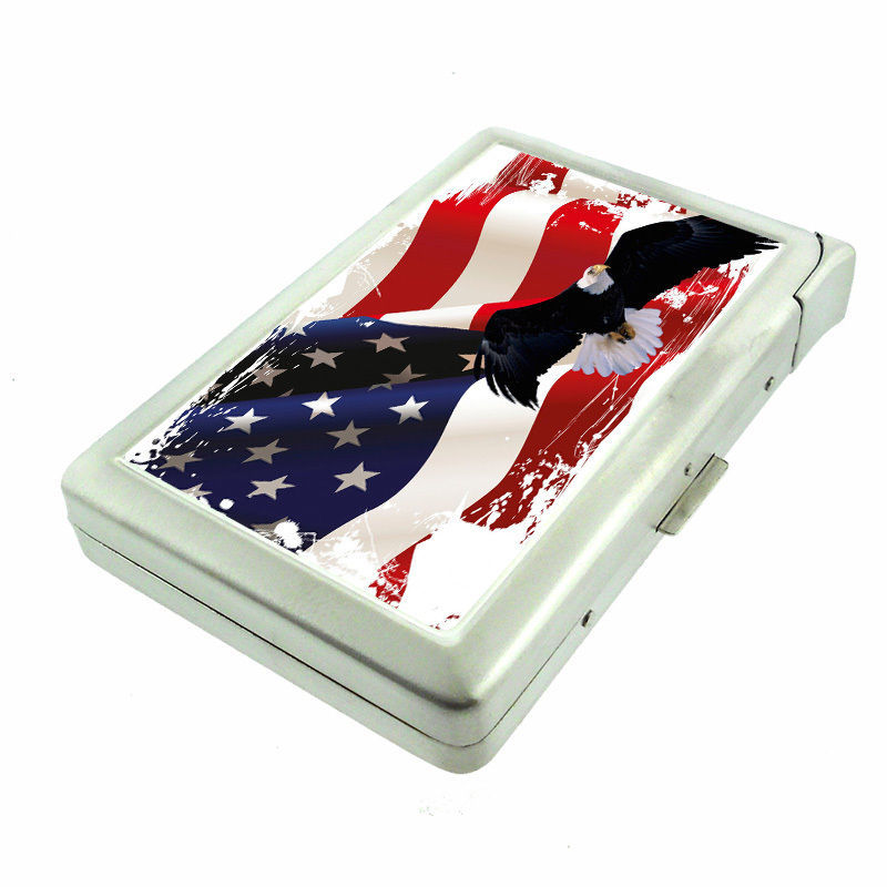 American Flag D16 Cigarette Case with Built in Lighter Metal Wallet Patriotic