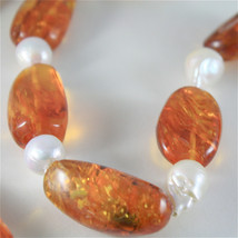 SOLID 18K YELLOW GOLD NECKLACE WITH DROP PEARLS AND BALTIC AMBER MADE IN ITALY image 2