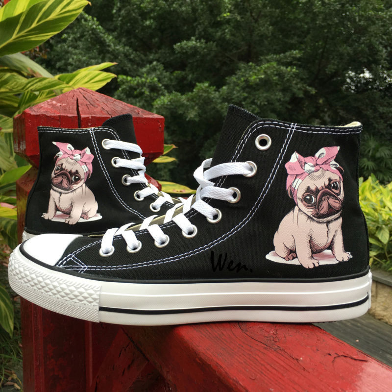 Unisex High Top Converse Original Design Dog Pug Black Canvas Shoes Sneakers