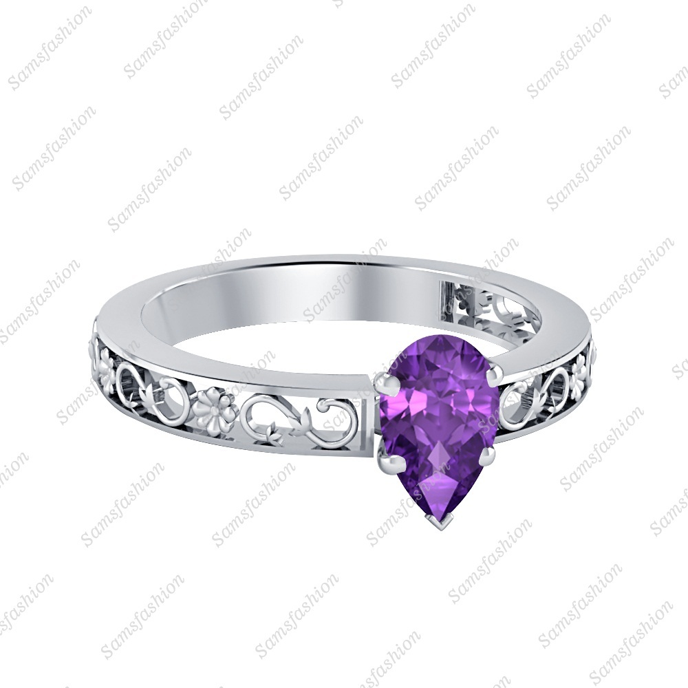 Women's Solitaire Pear Shaped Amethyst 14k White Gold Over Engagement Ring