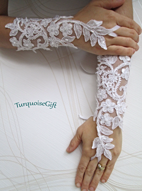 Wedding gloves, white with pearls lace fingerless long gloves, lace