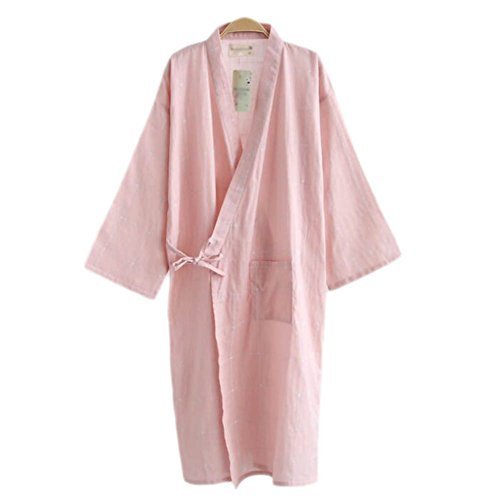Japanese Style Women Thin Cotton Bathrobe Pajamas Kimono Skirt Gown-A18 Pink