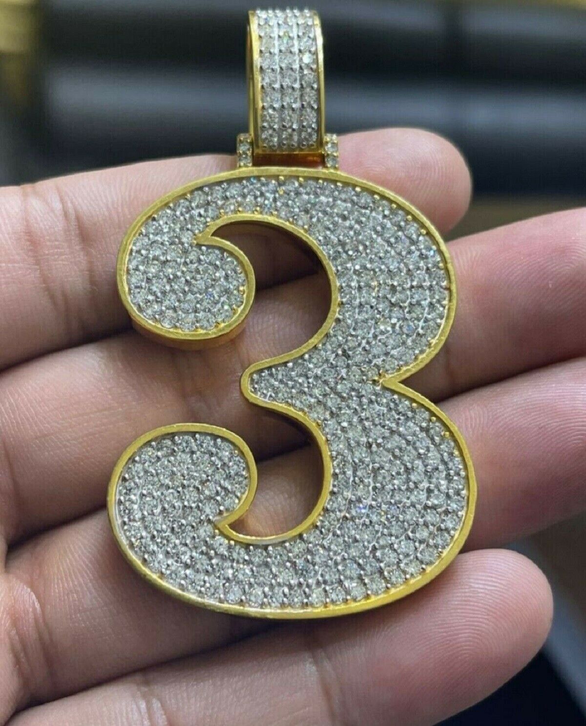 2.75 Ct Round Cut Diamond Men's Lucky Number 3 Pendant in 14k Yellow