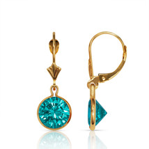 Topaz Bezel Set Round Shaped Leverback Dangle Earrings 14K Solid Yellow Gold  - $125.71