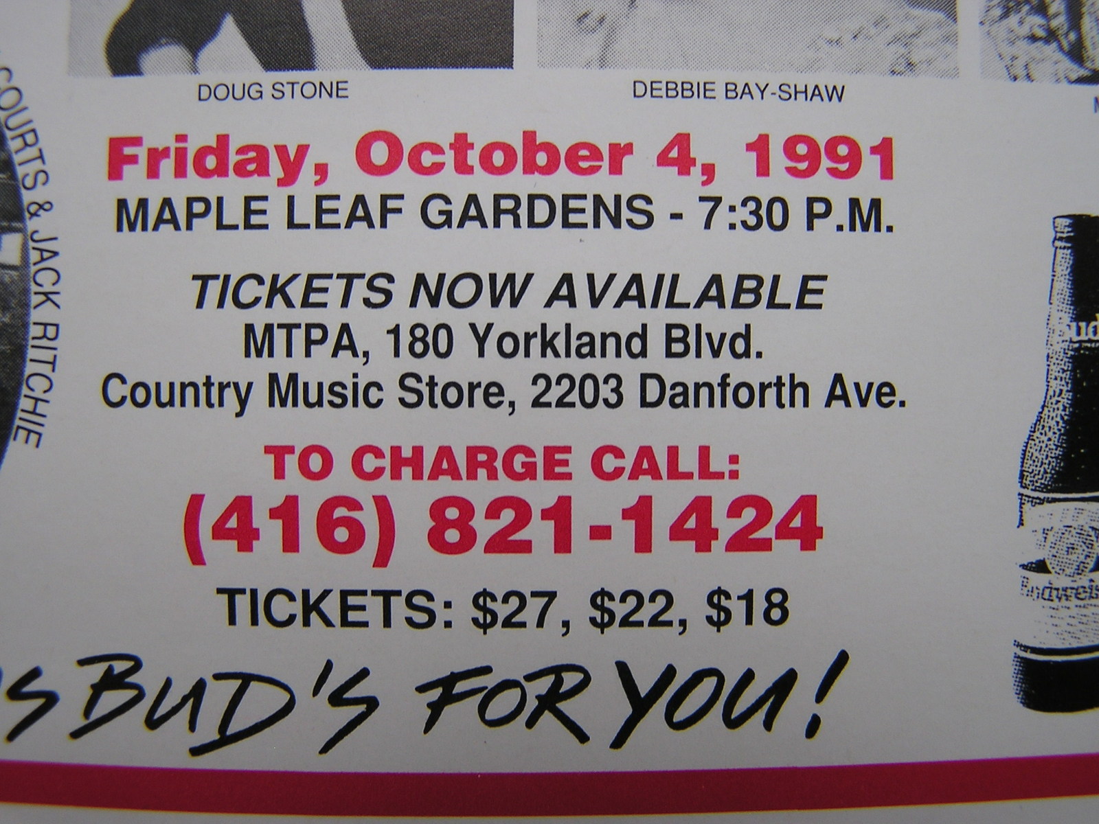 GARTH BROOKS 1991 Toronto Maple Leaf Gardens Poster Police Benefit 20*