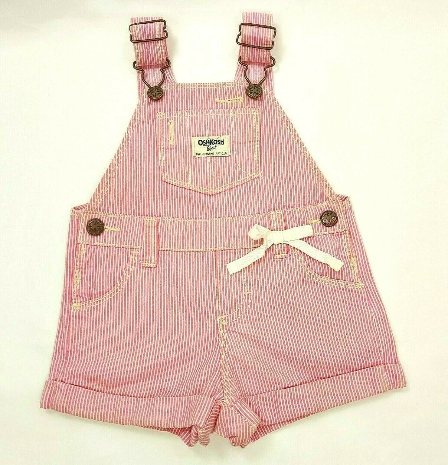 OshKosh B'gosh Girl Short Vestback Overall Stripped Pink/White W/White Ribbon 9M - $18.75