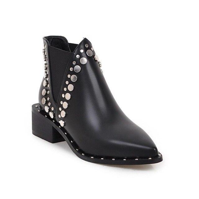 Rivets Faux Leather Booties Sequin Thick Heel Black Ankle Women Boots Studded Wo